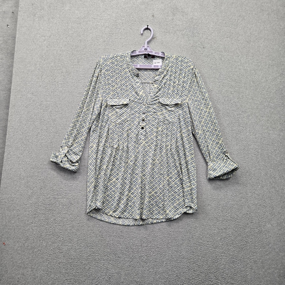 Cocomo Women Blouse M Yellow Geometric Tunic Blouse Button V-Neck Front